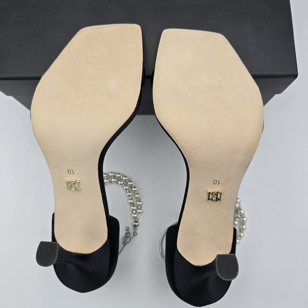 NIB Badgley Mischka Loretta Dual Pearl Strap Stiletto Heel Sandals, Black Satin - Picture 13 of 16